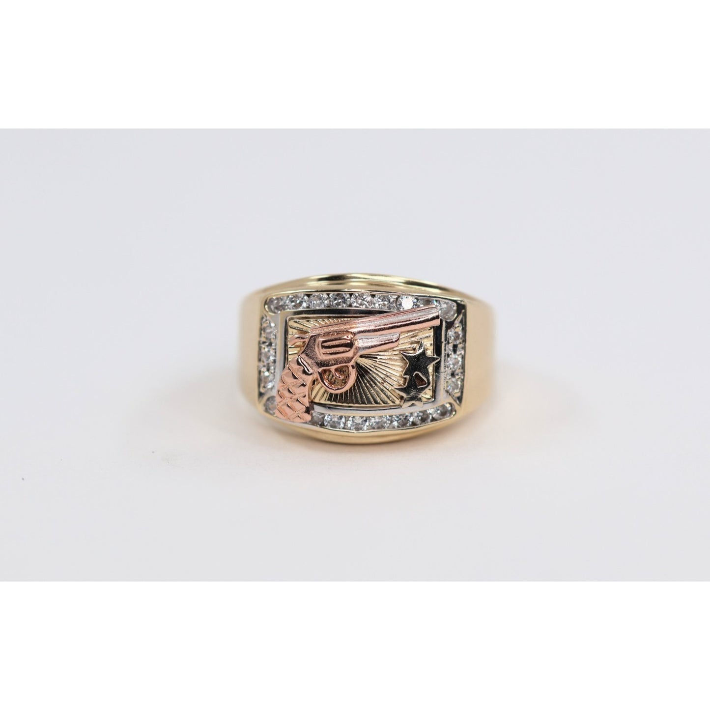 14K Tri Tone Gold Gun CZ Ring