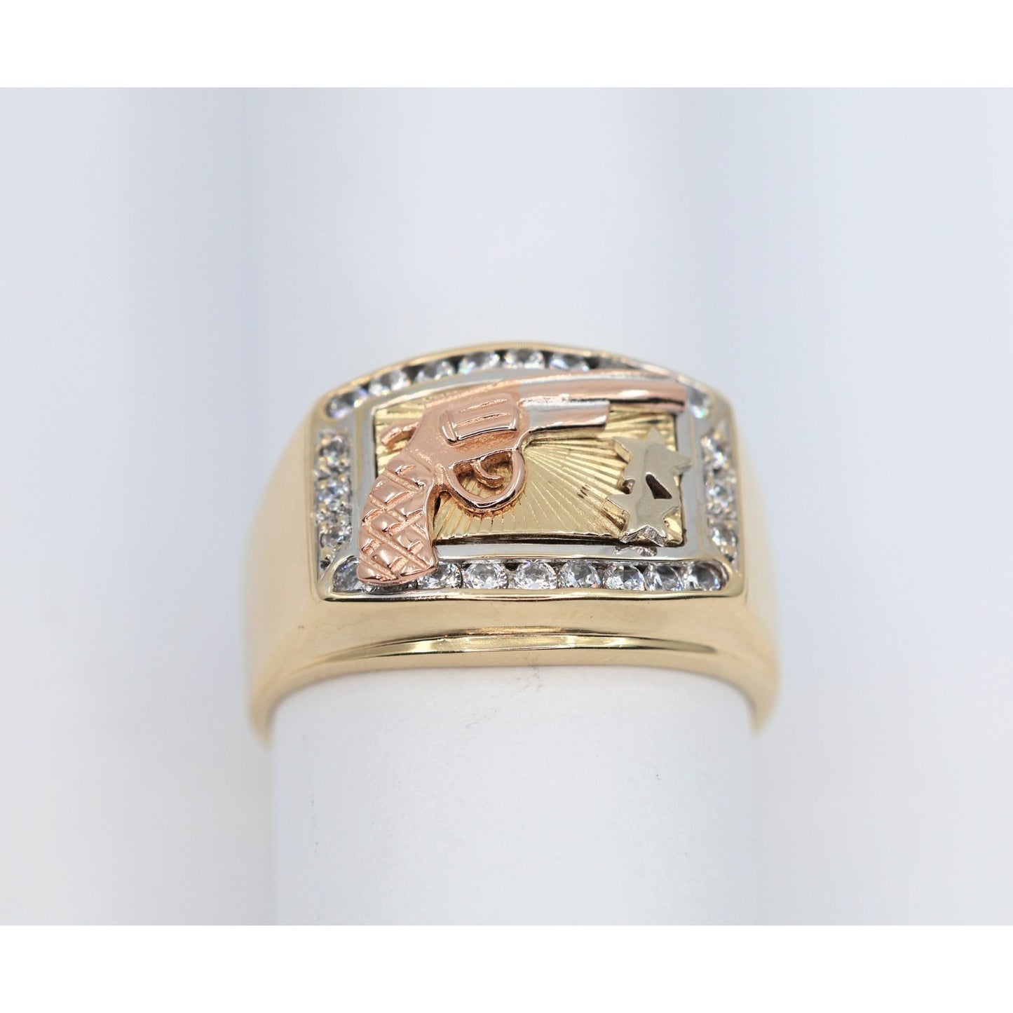 14K Tri Tone Gold Gun CZ Ring