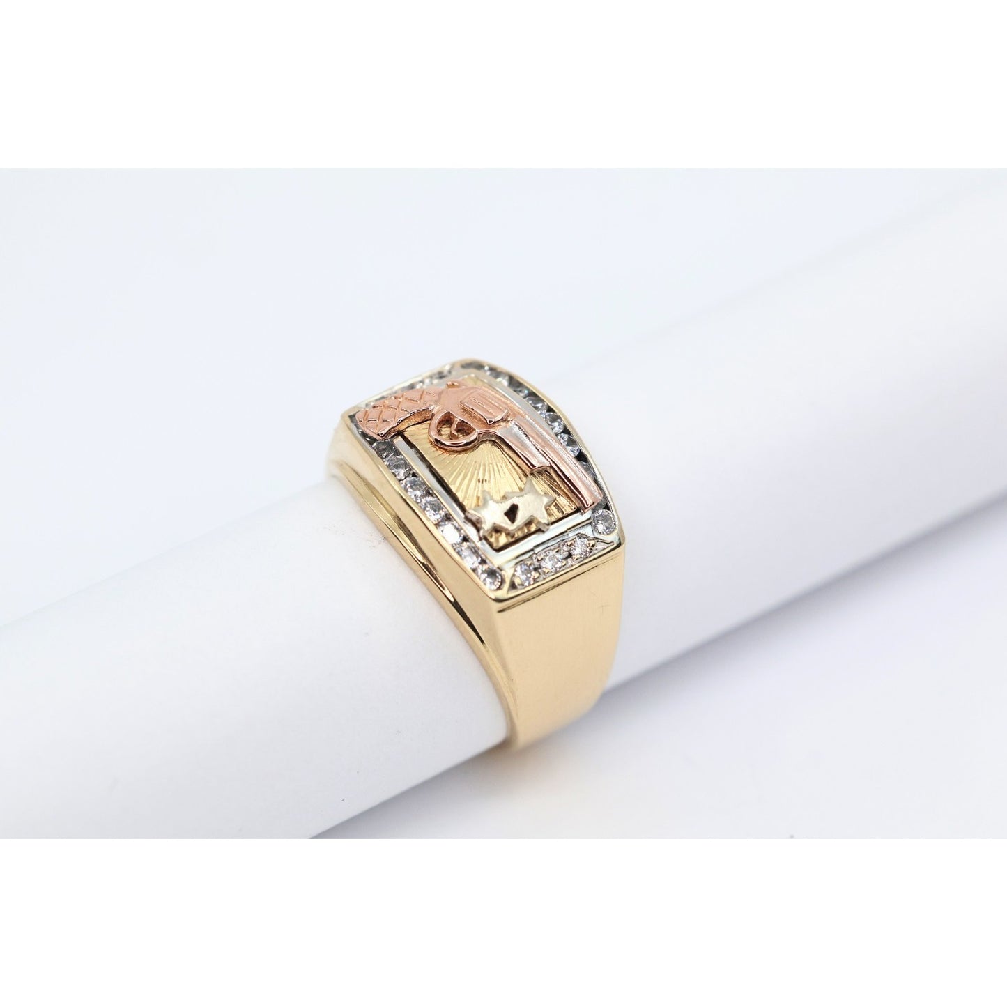 14K Tri Tone Gold Gun CZ Ring