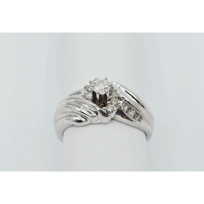 14K White Gold Round & Baguette Diamond Ring