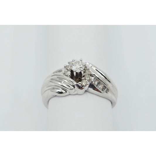 14K White Gold Round & Baguette Diamond Ring