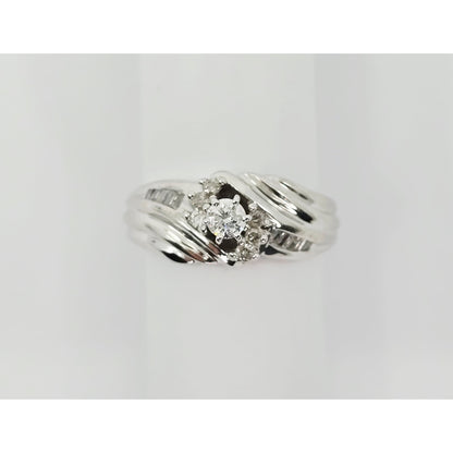 14K White Gold Round & Baguette Diamond Ring