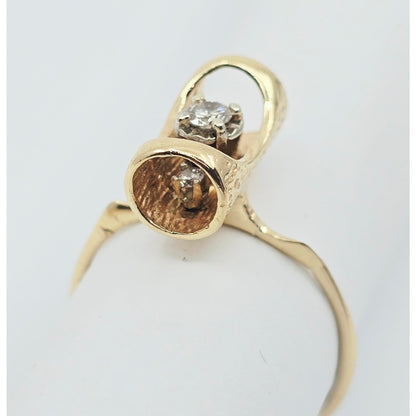 14K Yellow Gold Tube Bark Wood 3 Stone Diamond Ring
