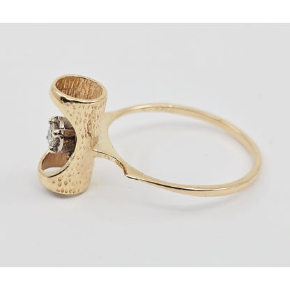 14K Yellow Gold Tube Bark Wood 3 Stone Diamond Ring
