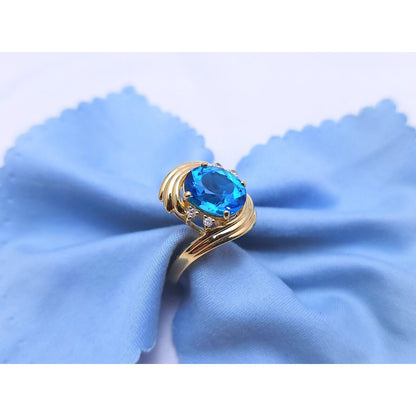 14K Yellow Gold Blue Topaz & Diamond Ring