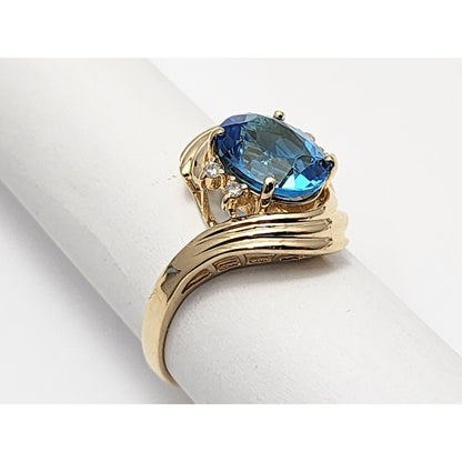 14K Yellow Gold Blue Topaz & Diamond Ring