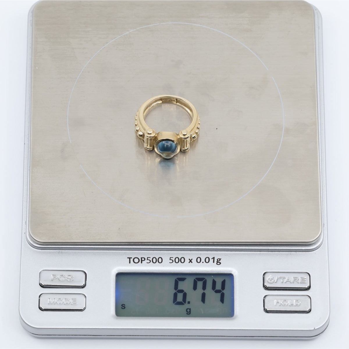 14K Yellow Gold Bezel Set Cabochon Blue Topaz Ring