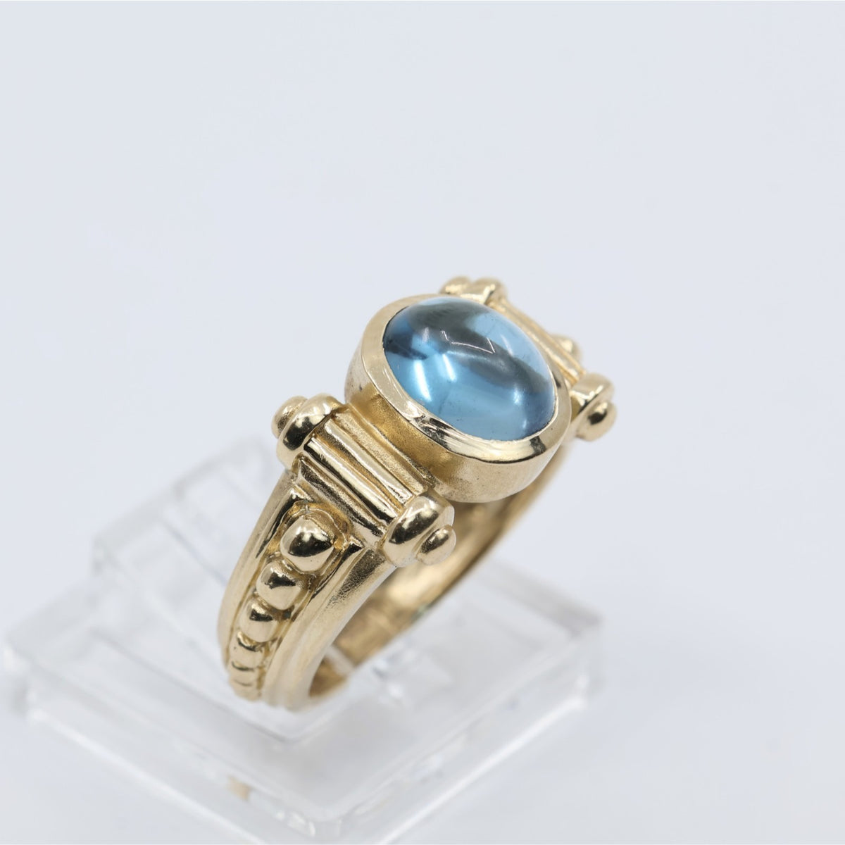 14K Yellow Gold Bezel Set Cabochon Blue Topaz Ring