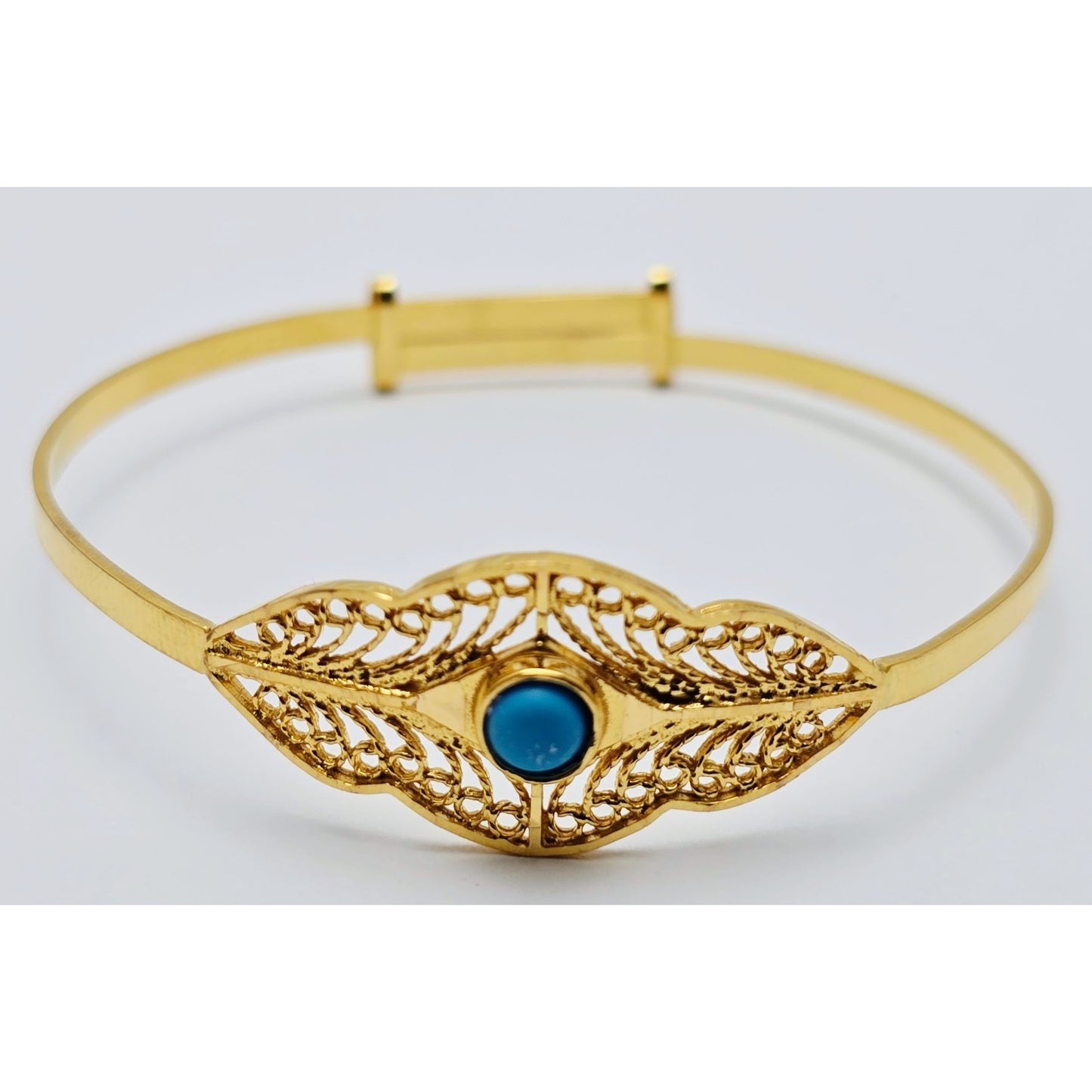 21K Yellow Gold Resizable Filigree Turquoise Bangle Bracelet