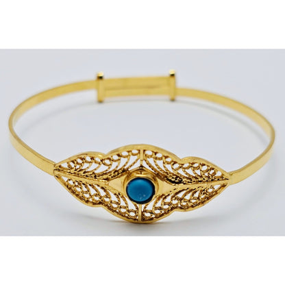 21K Yellow Gold Resizable Filigree Turquoise Bangle Bracelet