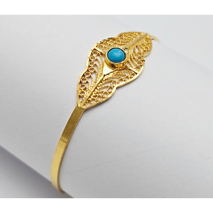 21K Yellow Gold Resizable Filigree Turquoise Bangle Bracelet