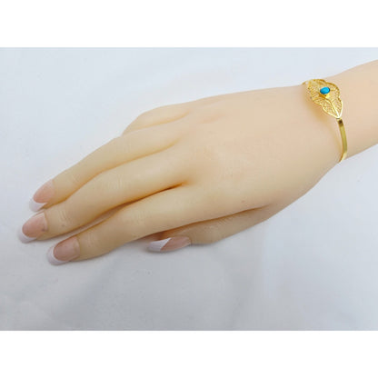 21K Yellow Gold Resizable Filigree Turquoise Bangle Bracelet
