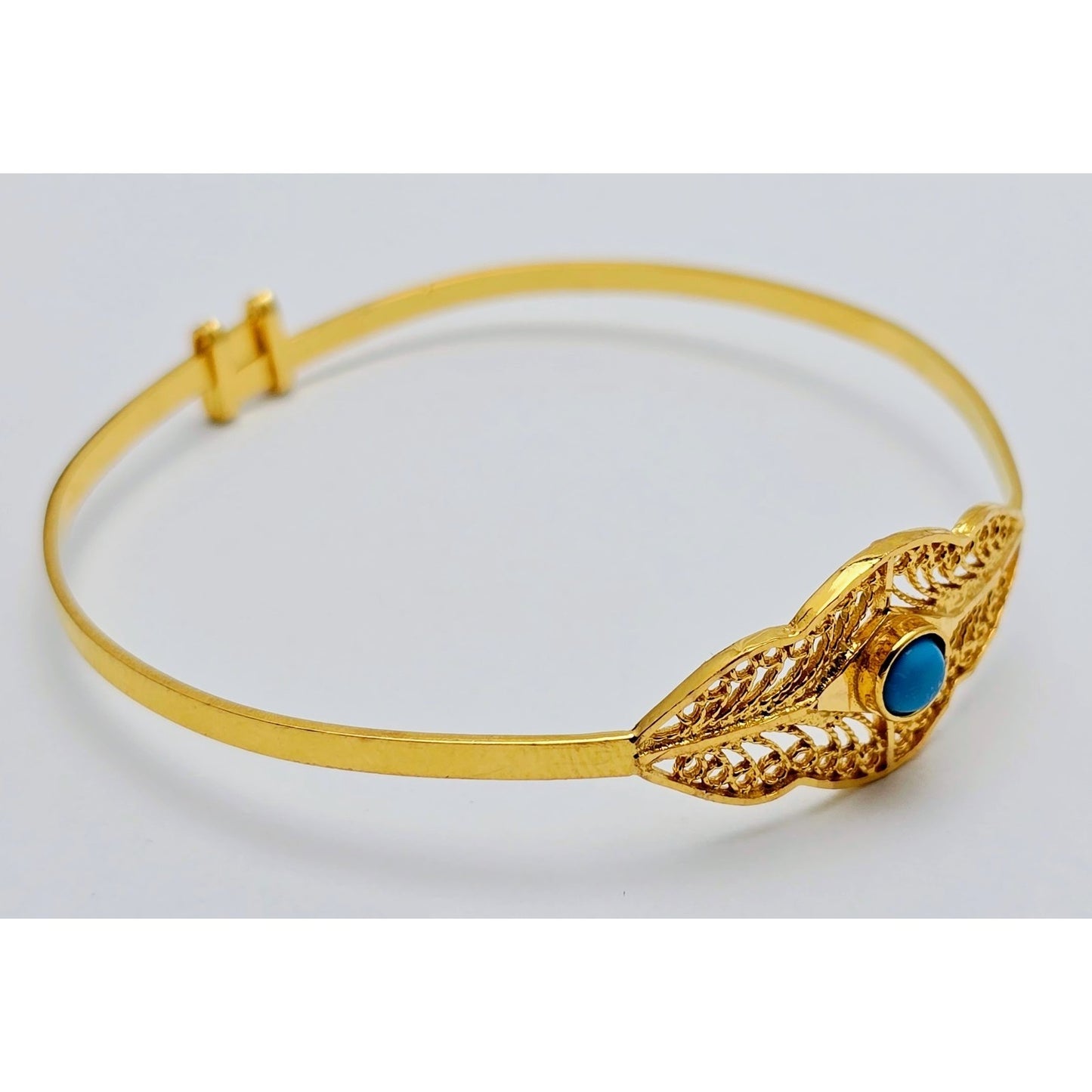 21K Yellow Gold Resizable Filigree Turquoise Bangle Bracelet