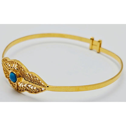 21K Yellow Gold Resizable Filigree Turquoise Bangle Bracelet