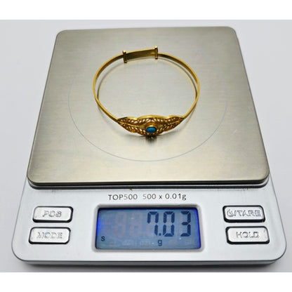 21K Yellow Gold Resizable Filigree Turquoise Bangle Bracelet