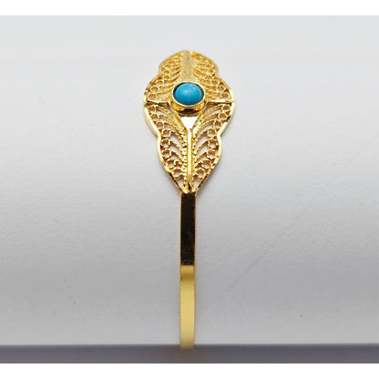 21K Yellow Gold Resizable Filigree Turquoise Bangle Bracelet