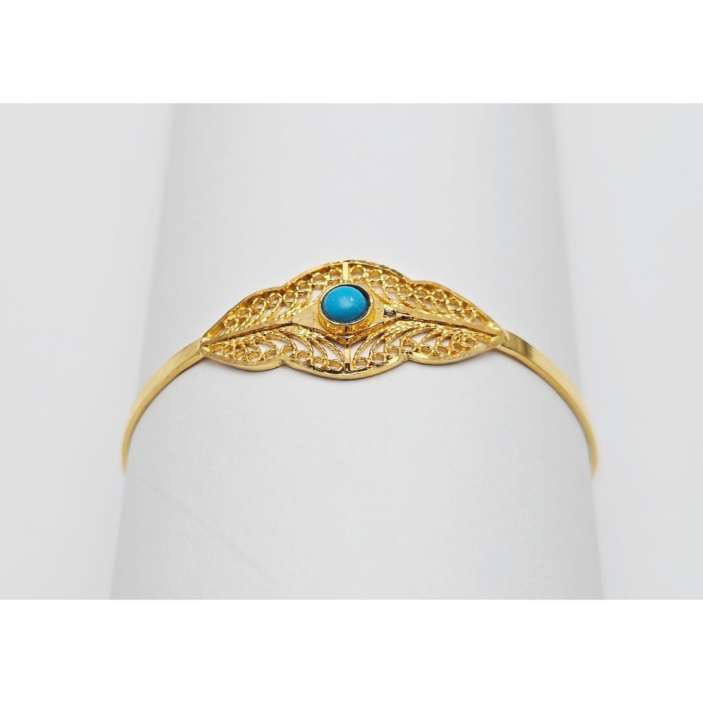 21K Yellow Gold Resizable Filigree Turquoise Bangle Bracelet