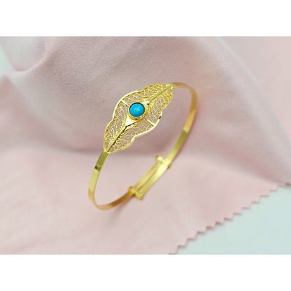 21K Yellow Gold Resizable Filigree Turquoise Bangle Bracelet