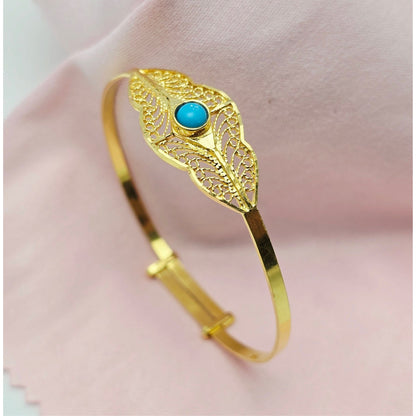 21K Yellow Gold Resizable Filigree Turquoise Bangle Bracelet