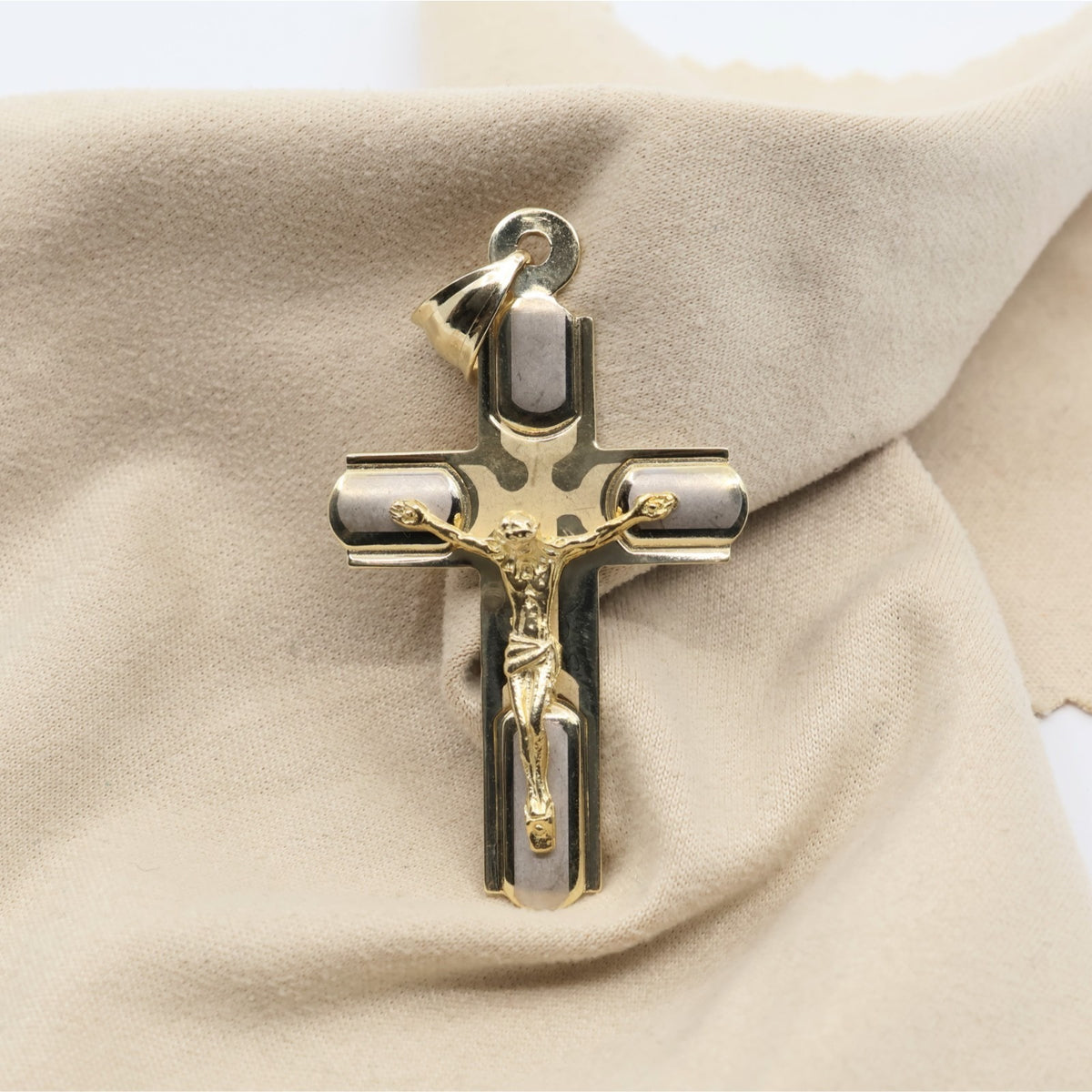 14K Two Tone Gold Jesus on Cross Charm Pendant