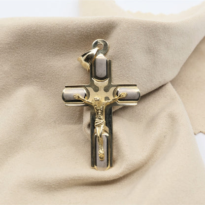 14K Two Tone Gold Jesus on Cross Charm Pendant