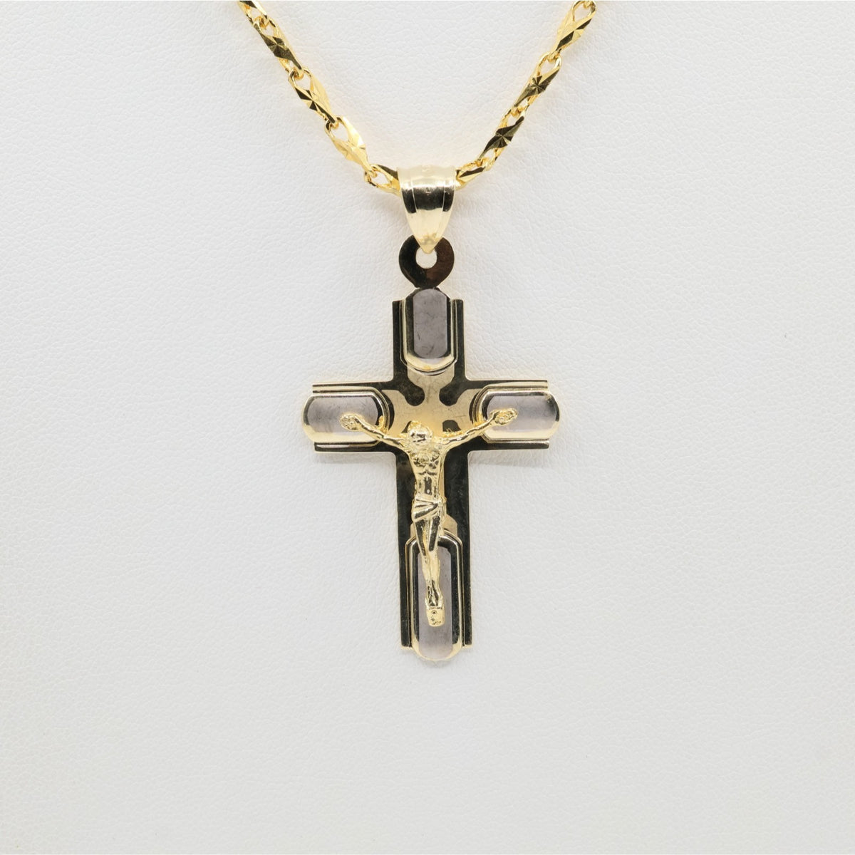 14K Two Tone Gold Jesus on Cross Charm Pendant