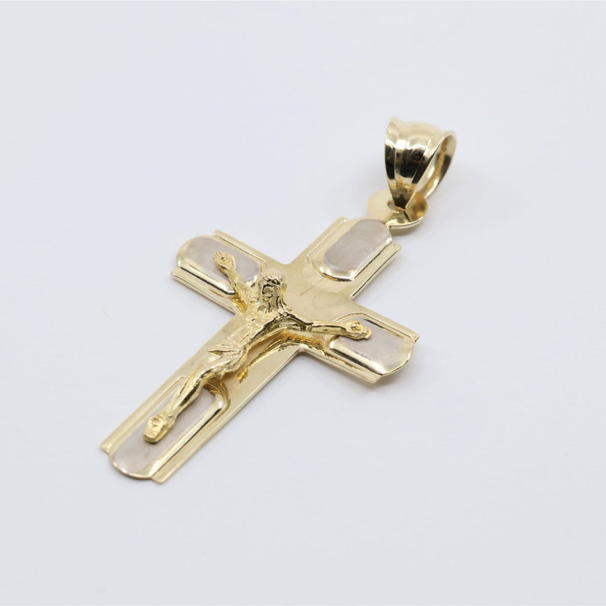 14K Two Tone Gold Jesus on Cross Charm Pendant
