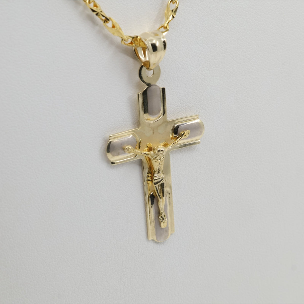 14K Two Tone Gold Jesus on Cross Charm Pendant