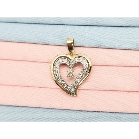 14K Two Tone Gold Double Open Heart Diamond Charm Pendant