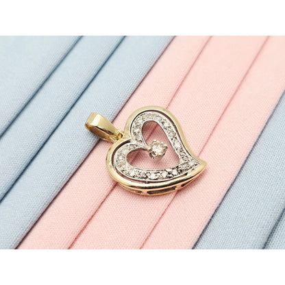 14K Two Tone Gold Double Open Heart Diamond Charm Pendant