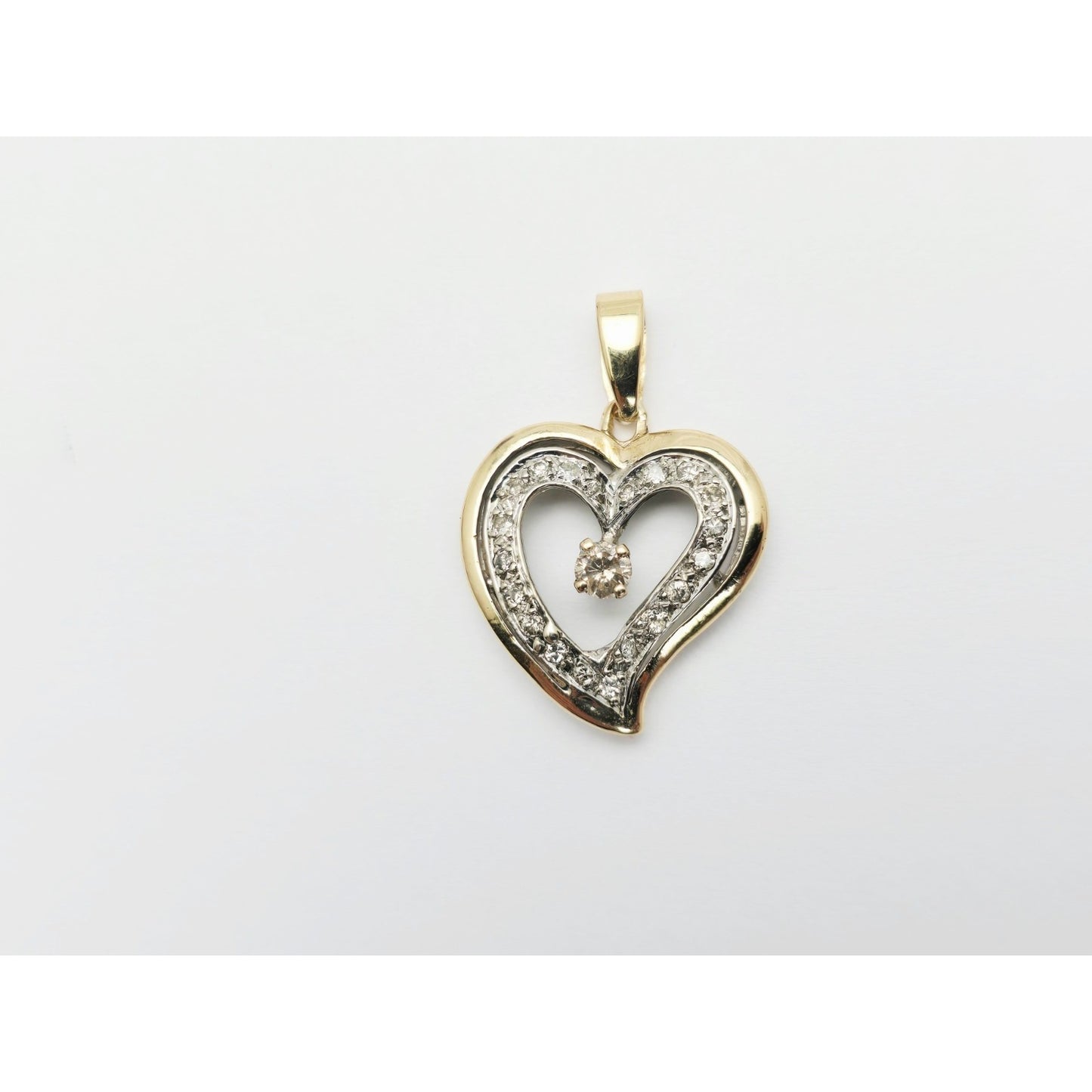 14K Two Tone Gold Double Open Heart Diamond Charm Pendant