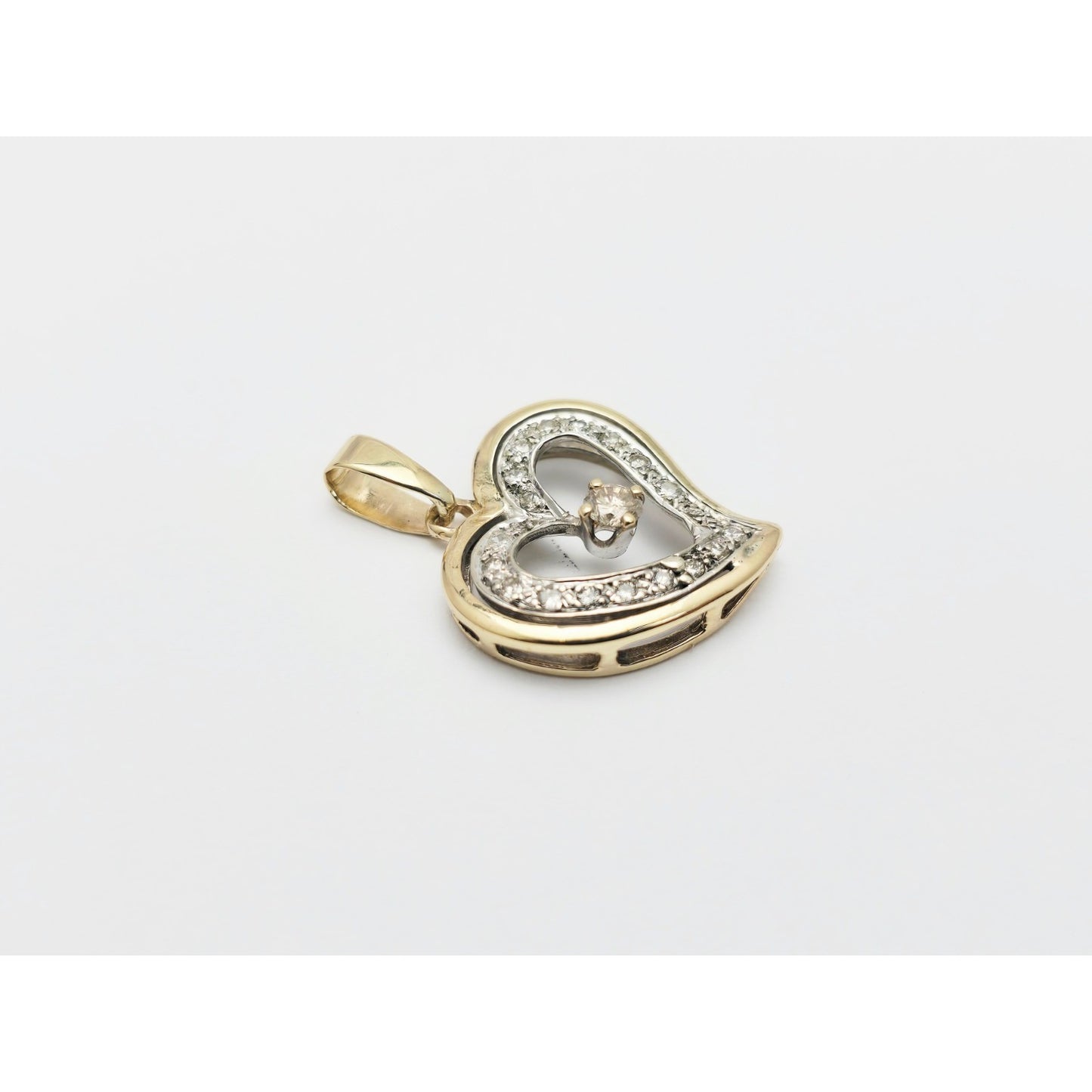 14K Two Tone Gold Double Open Heart Diamond Charm Pendant