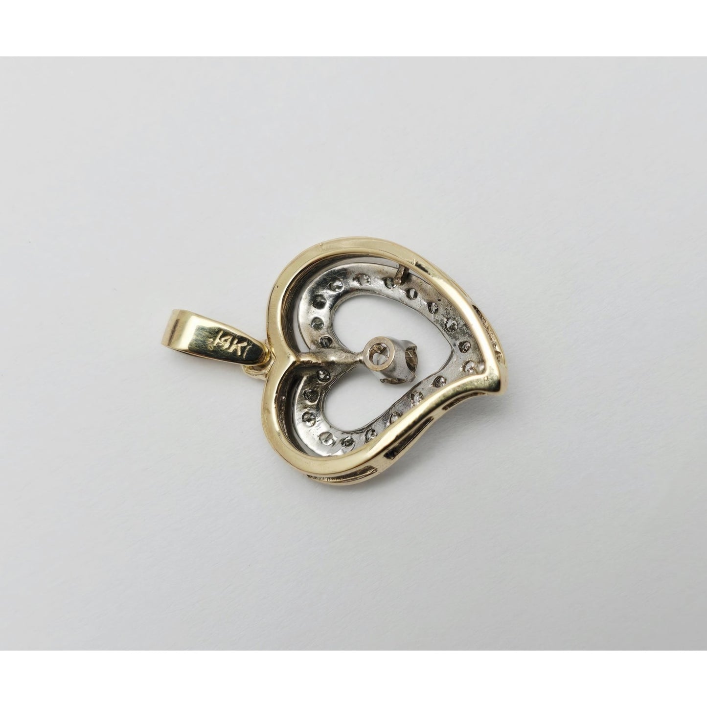 14K Two Tone Gold Double Open Heart Diamond Charm Pendant