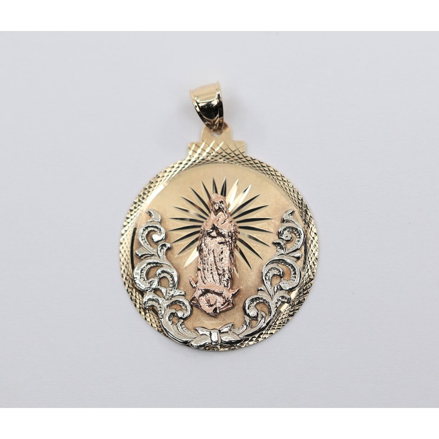 Large 14K Tri Tone Gold Saint Mary Round Charm Pendant