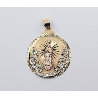 Large 14K Tri Tone Gold Saint Mary Round Charm Pendant