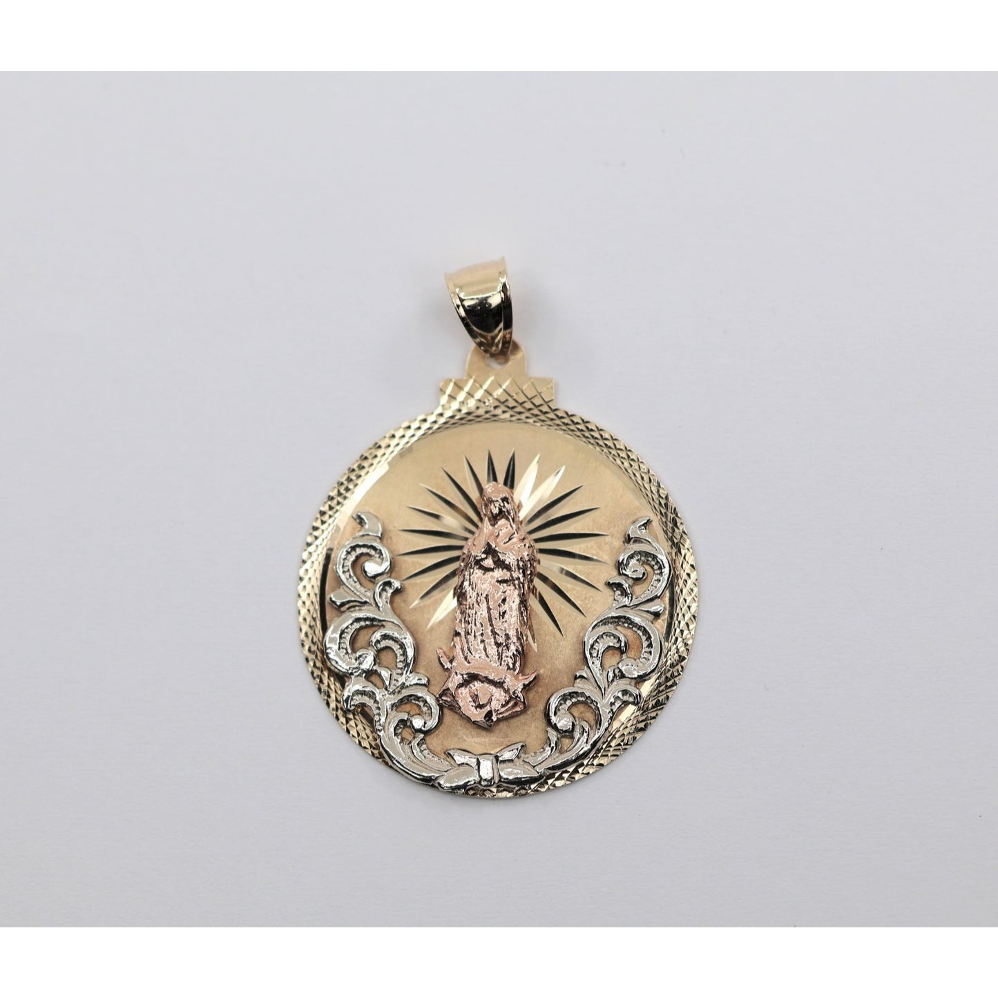 Large 14K Tri Tone Gold Saint Mary Round Charm Pendant