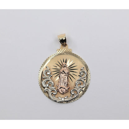 Large 14K Tri Tone Gold Saint Mary Round Charm Pendant