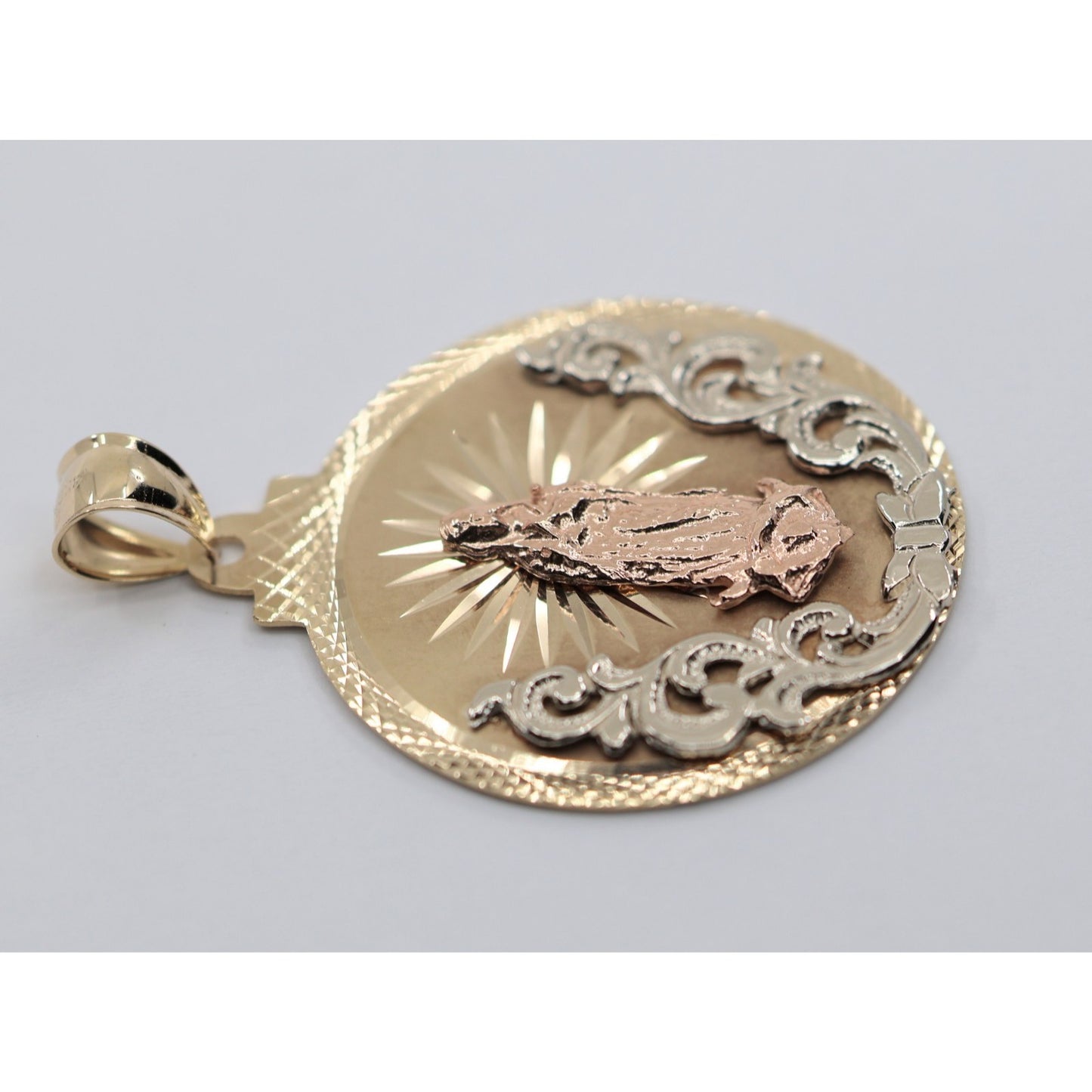 Large 14K Tri Tone Gold Saint Mary Round Charm Pendant
