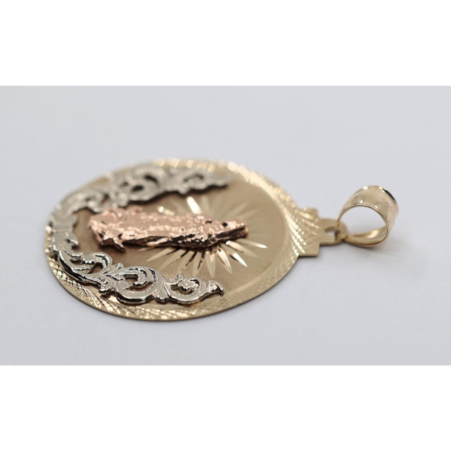 Large 14K Tri Tone Gold Saint Mary Round Charm Pendant
