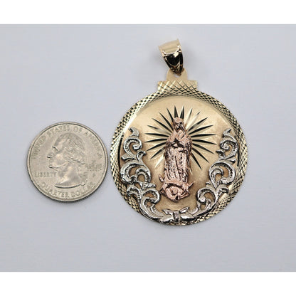 Large 14K Tri Tone Gold Saint Mary Round Charm Pendant