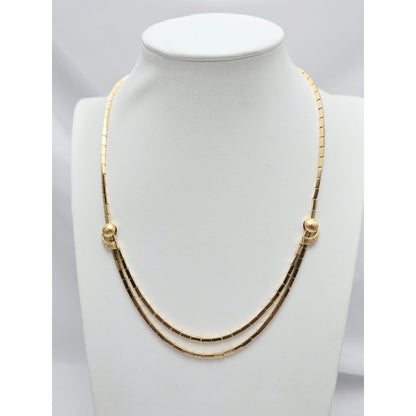 18K Yellow Gold Double Layer Tube Bar Bead Link Chain Necklace