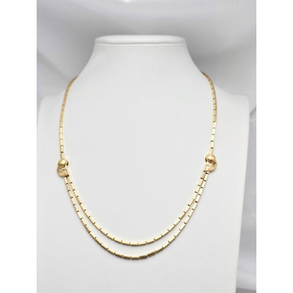 18K Yellow Gold Double Layer Tube Bar Bead Link Chain Necklace