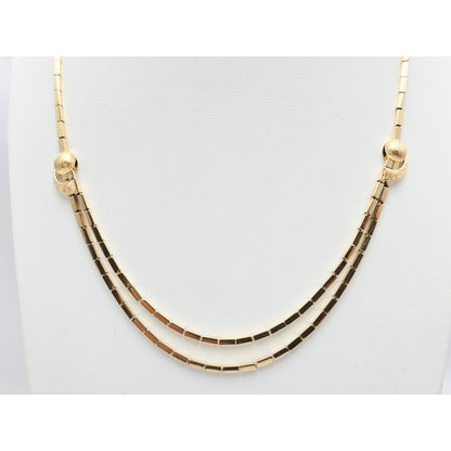 18K Yellow Gold Double Layer Tube Bar Bead Link Chain Necklace