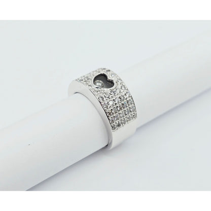 18K White Gold Round Cut Diamond Wide Band Heart Motion Ring