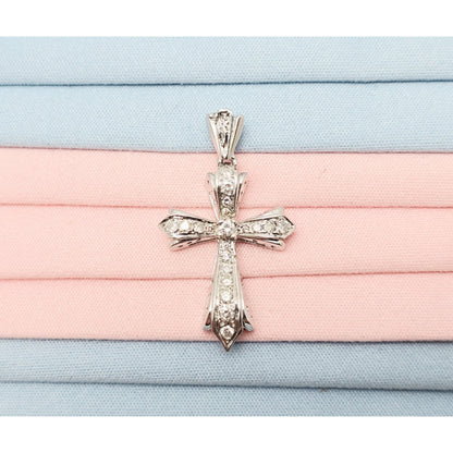 14K White Gold White Diamond Cross Pendant Charm