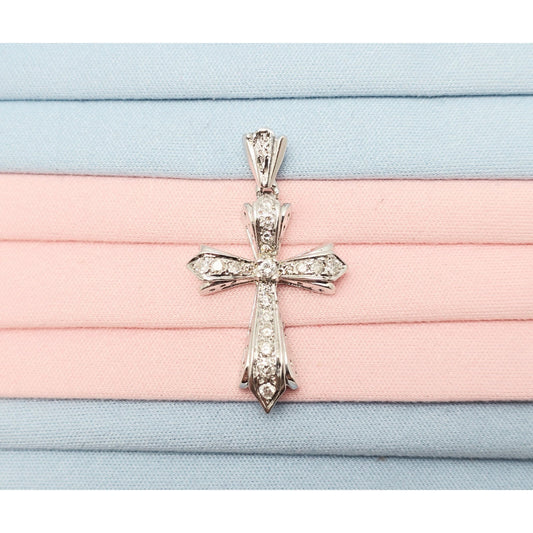 14K White Gold White Diamond Cross Pendant Charm