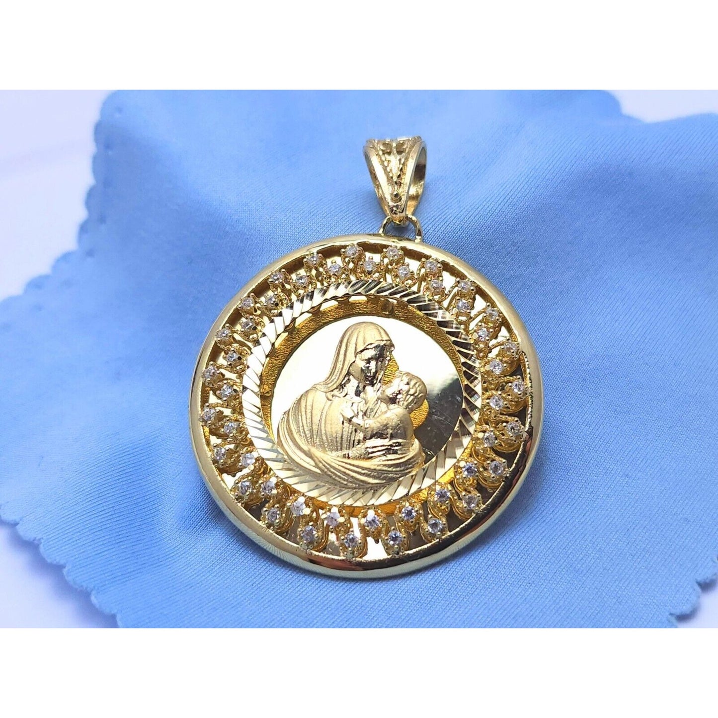 14K Yellow Gold Round Saint Mary & Baby Jesus Cubic Zirconia Charm Pendant