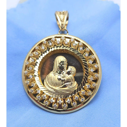 14K Yellow Gold Round Saint Mary & Baby Jesus Cubic Zirconia Charm Pendant