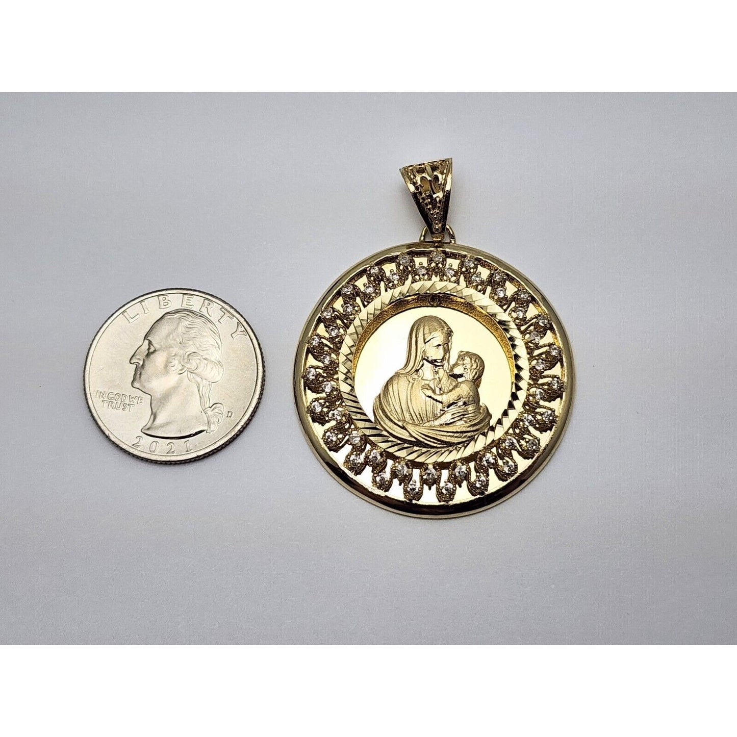 14K Yellow Gold Round Saint Mary & Baby Jesus Cubic Zirconia Charm Pendant