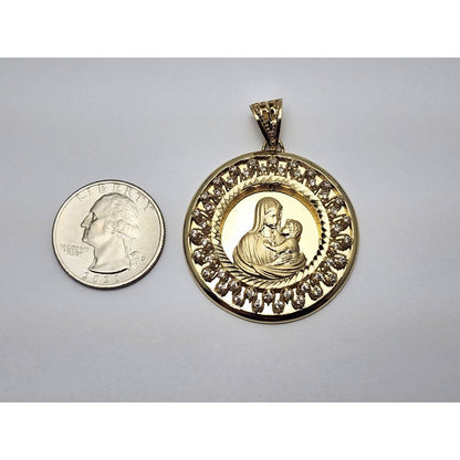 14K Yellow Gold Round Saint Mary & Baby Jesus Cubic Zirconia Charm Pendant